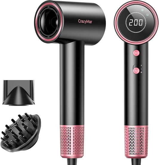 High Speed Hair Dryer, Travel Hair Dryer - 180,000 RPM/Min, 3 Min Fast Drying, 500 Million Negative Ions, Blow Dryer with 4 Temperature and 2 Speed Settings, Hair Dryers for Home & Travel（Rose Pink）