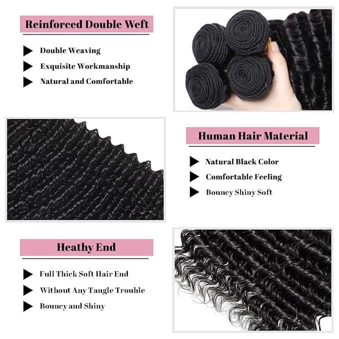 Human Hair Bundles with Closure (26 28 30+20 Closure) Deep Wave Bundles with Closure 100% Unprocessed Brazilian Virgin Curly Closure with Bundles Human Hair Weave with 4x4 Lace Closure Natural Color