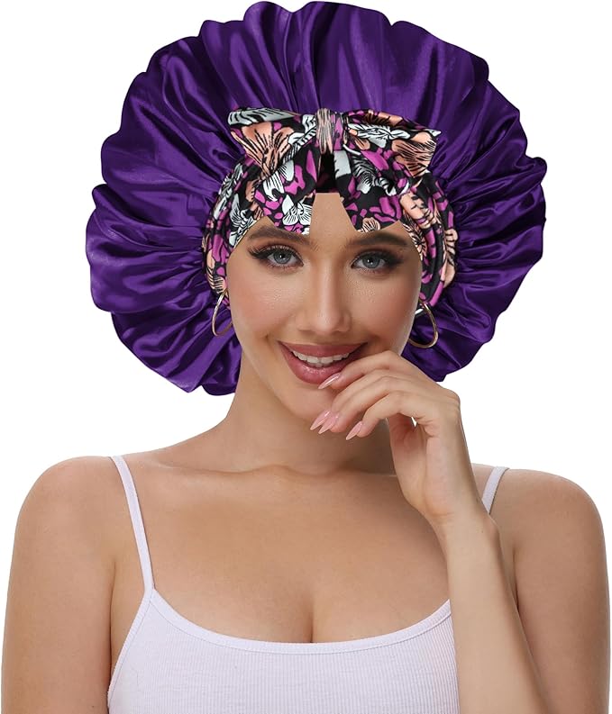 Double Layer Silk Bonnet with Tie Satin Lined Sleep Cap Hair Cover for Women's Curly Natural Hair