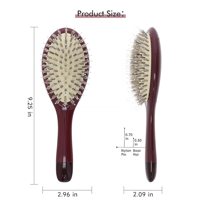 Boar Bristle Hair Brush -boar bristles + nylon pins， Smoothes & Detangles All Hair Types, Hairbrush for Women, Men & Kids, Distributes Oils for Natural Shine & Stimulates Scalp
