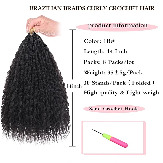 Xtrend Pre Looped Micro Brazilian Kinky Curly Crochet Hair 14 Inch 8 Packs Black Micro Curly Braiding Hair Extensions Deep Wave Synthetic For Mini Twist Hair For Boho (30 Strands/Pack，1B#)