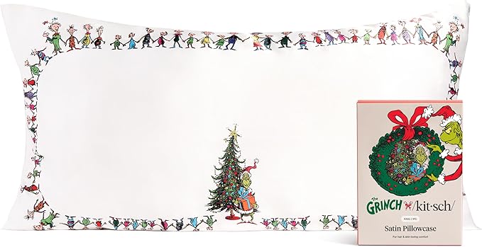 The Grinch x Kitsch Satin Pillowcase with Zipper for Hair & Skin - Softer Than Silk Pillow Cases, Smooth Cooling Pillow Cover, Wrinkle-Free, Machine Washable, King Size (19x36) - Who-Ville