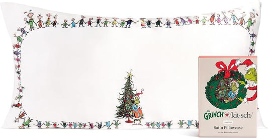 The Grinch x Kitsch Satin Pillowcase with Zipper for Hair & Skin - Softer Than Silk Pillow Cases, Smooth Cooling Pillow Cover, Wrinkle-Free, Machine Washable, King Size (19x36) - Who-Ville