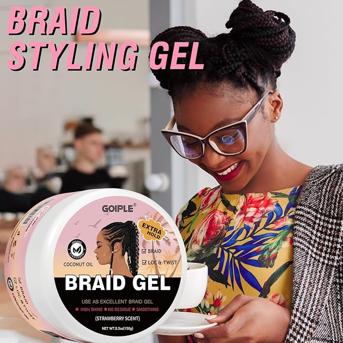 150g Braid Gel with Extra Hold, High Shine for Twists, Locs, Braids & Edge Control - Smooths Frizz, Long-Lasting for Locks, Cornrows 5.3oz (Strawberry Flover)