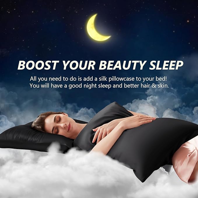 Silk Pillow Cases 2 Pack King Size Mulberry Silk Pillowcase Set of 2 for Hair & Skin 36 x 20 Inches 22 Momme Both Sided Grade 6A Silk Soft Breathable Cooling with Hidden Zipper, Black
