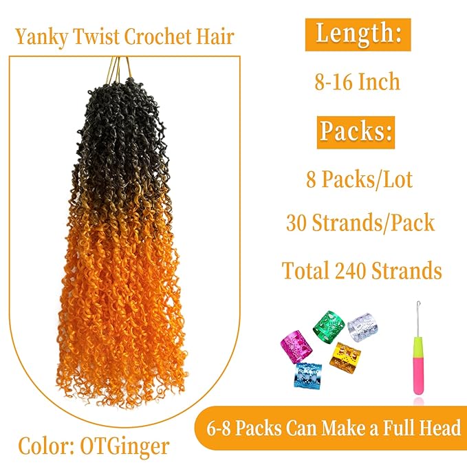 16 Inch Pre-Looped Yanky Twist Crochet Hair, 30 Strands/Pc, Mini Passion Twists, Senegalese Braiding Hair (OTGinger, 8 Pcs/Pack)