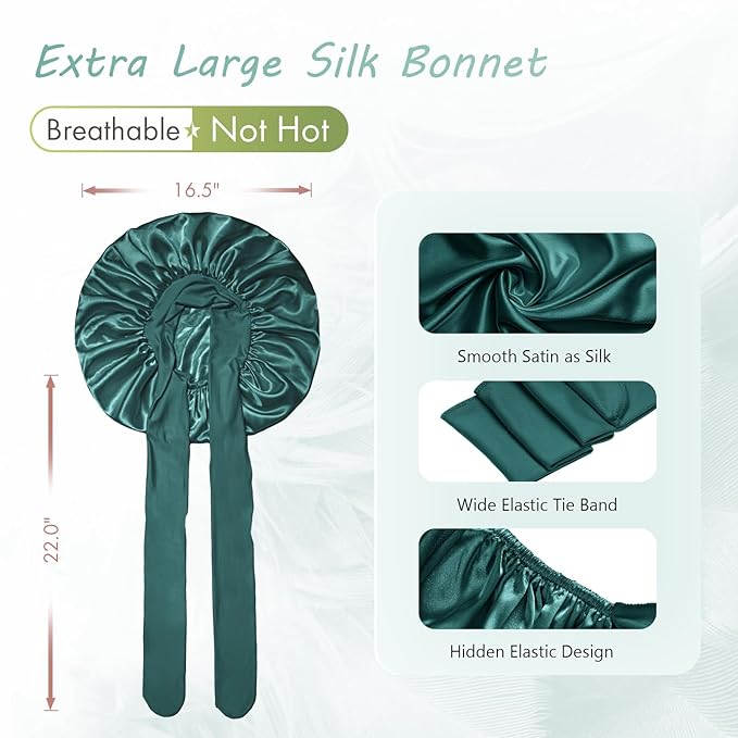 BONNET QUEEN Silk Bonnet for Sleeping Women Big Satin Bonnet Night Sleep Cap Wrap for Curly Hair with Adjustable Tie Band, Single Layer, Large, Darkish Green
