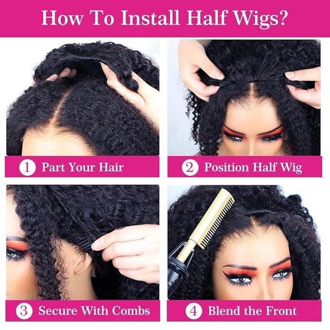 250% Density Kinky Curly Half Wig Human Hair 3 In 1 Seamless Flip Over Glueless Wigs Human Hair With Drawstring Beginner Friendly Headband Wig Wear and Go Wig Human Hair Afro Wig 24inch