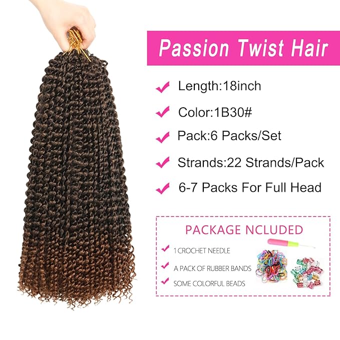 Ubeleco 18 Inch Passion Twist Hair, Water Wave Crochet Hair for Women Ombre Brown Passion Twist Crochet Hair 6 Packs Long Bohemian Synthetic Curly Braiding Hair Extensions(6pcs,1B/30)