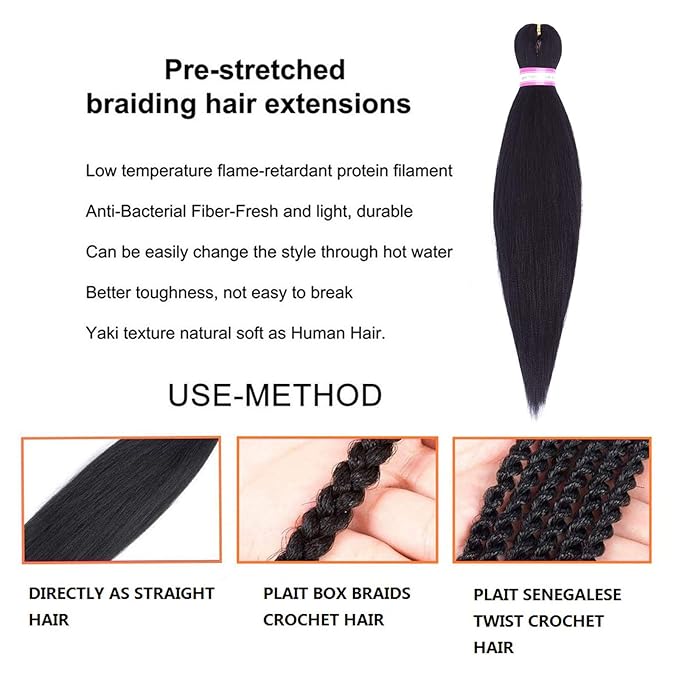 Black Braiding Hair Pre Stretched 20 Inch 8 Packs Braiding Hair Extensions for Crochet Box Braids Twists Locs Hair Itch Free Soft Yaki Texture Hot Water Setting (20inch,#1)