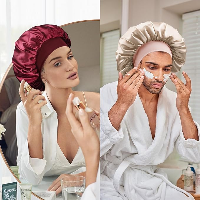 Satin Silk Bonnet for Sleeping, Double Layer Silk Sleep Cap for Men & Women, Soft Satin Lined Bonnet for Curly Hair