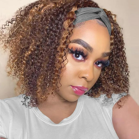 Headband Wig Human Hair Ombre Highlight Kinky Curly for Black Women Curly Headband Wig Human Hair Machine Made Glueless None Lace Front Wigs Brazilian Virgin Wig 4/27 Color 150% Density 12Inch