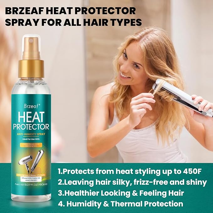 Brzeaf Heat Protection Spray for Hair (150ml), Professional Grade Thermal Protector &Smooth & Moisturizing, Heat Damage Protection, Heat Protectant Spray-Shiny, for All Hair Types