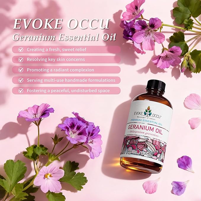 EVOKE OCCU Pure & Natural Geranium Essential Oil for Skin, Hair, Diffuser, Aromatherapy - 4 Fl Oz