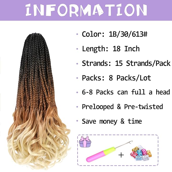 French Curl Crochet Braids 18 Inch 8 Packs Goddess Box Braids Crochet Hair for Women Pre Looped Crochet Box Braid with Curly Ends Synthetic French Curly Braiding Hair Extensions (1B/30/613)