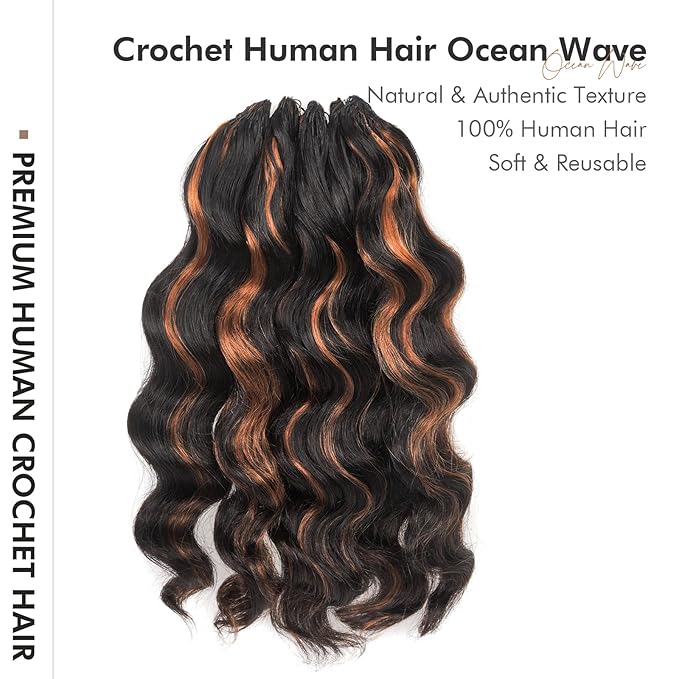 ToyoTress Ocean Wave Feather Crochet Human Hair - 10 Inch 250G Invisible Knotless Water Deep Wave Crochet Human Hair For Black Women Brown Highlight Color Braiding Hair (10 Inch, P1B/30-250G)