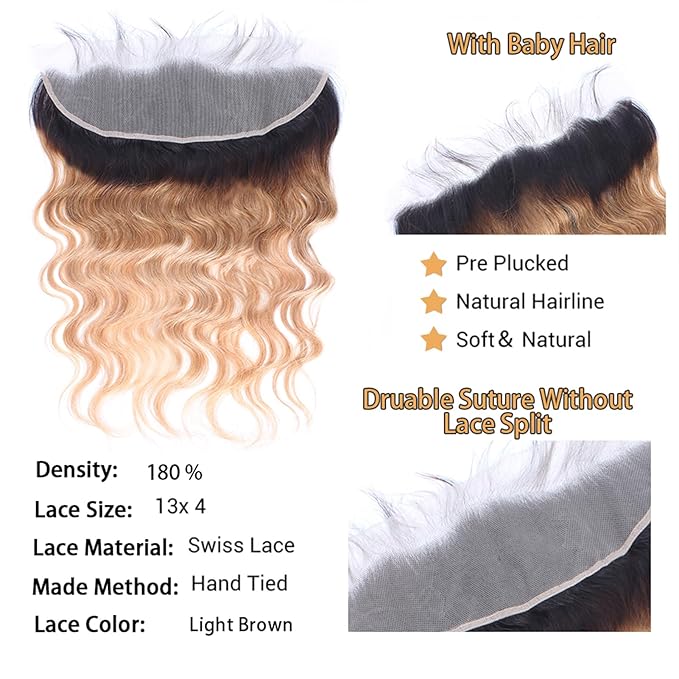 Ombre 13 x 4 Lace Frontal Closure Body Wave HD Transparent Ear to Ear HD Lace Frontal Closure Pre Plucked With Baby Hair Free Part 100% Remy Human Hair 180% Density (14 Inch)