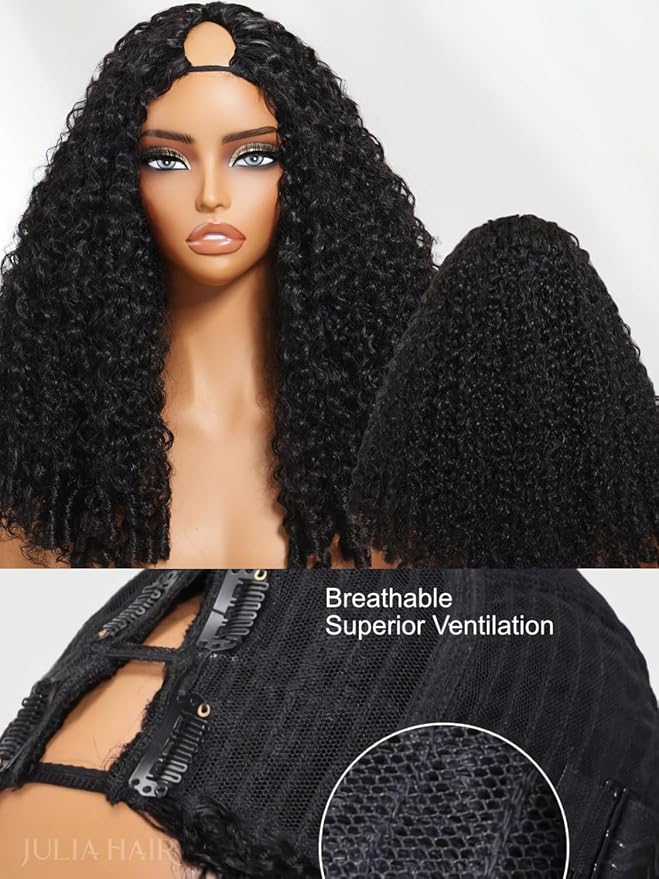 Julia Hair V Part Wig Human Hair Curly Wig with Finger Coil Ends Glueless V Shape Wig Afro Curly Wigs with Drawstring Upgrade U Part No Leave Out Half Wig For Women Natural Scalp 18 Inch