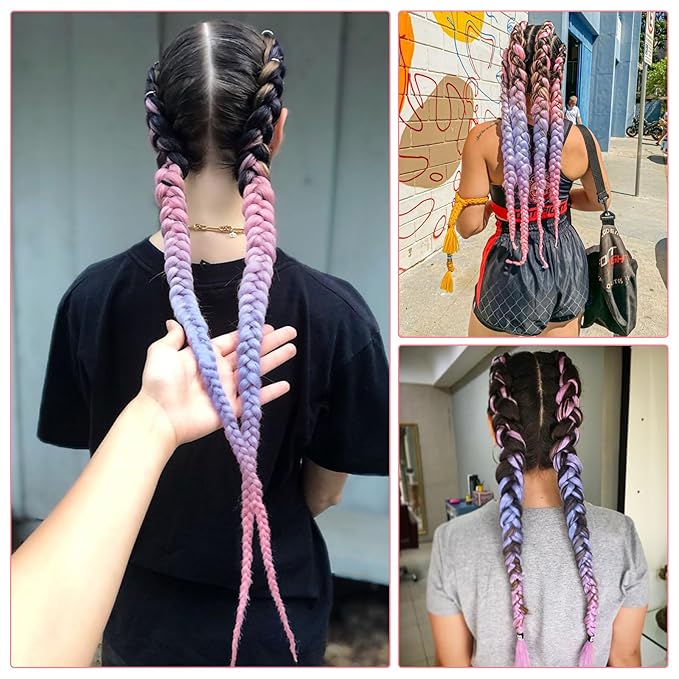 Ombre Pink-Baby Blue Braiding Hair Extension, 28 Inches Pre Stretched Braiding Hair for hair Braids,2 Packs Yaki Texture Synthetic Braid Hair