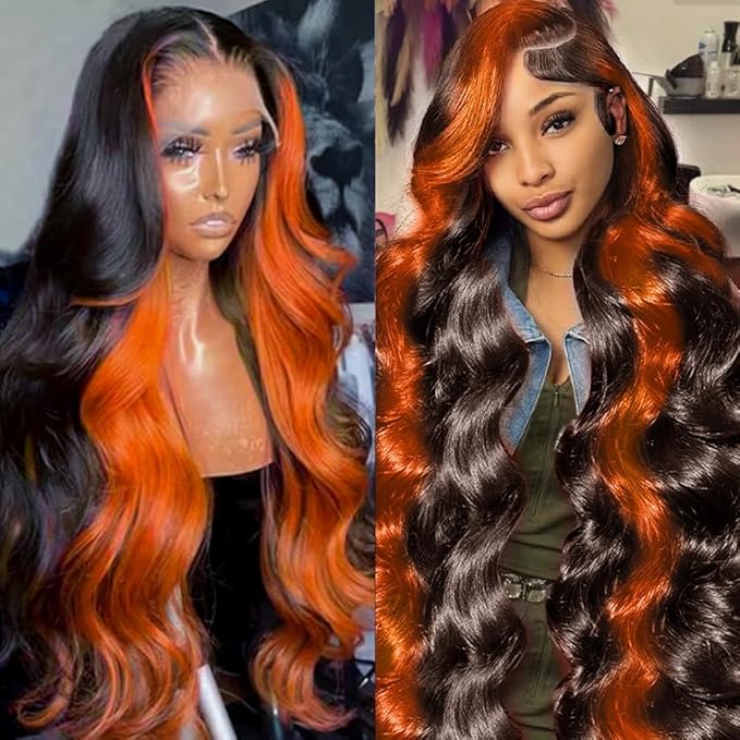 200% Density 13X6 Ginger Lace Front Wigs Human Hair Pre Plucked for Women Ombre 13X6 HD Transparent Ginger Orange wig Glueless Hightlight Lace Front Wigs Human Hair with Baby Hair 34Inch