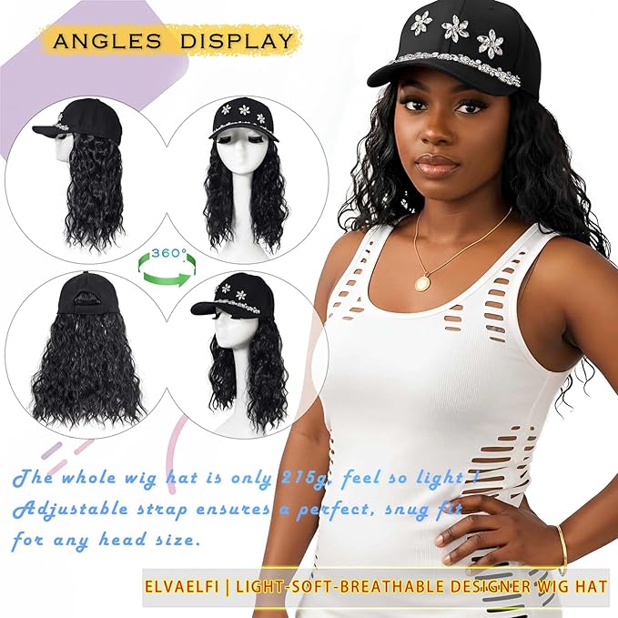 14-Inch Curly Hat Wigs for Women, Synthetic Water Wave Black Hair Wig, Baseball Cap with Hair Extensions