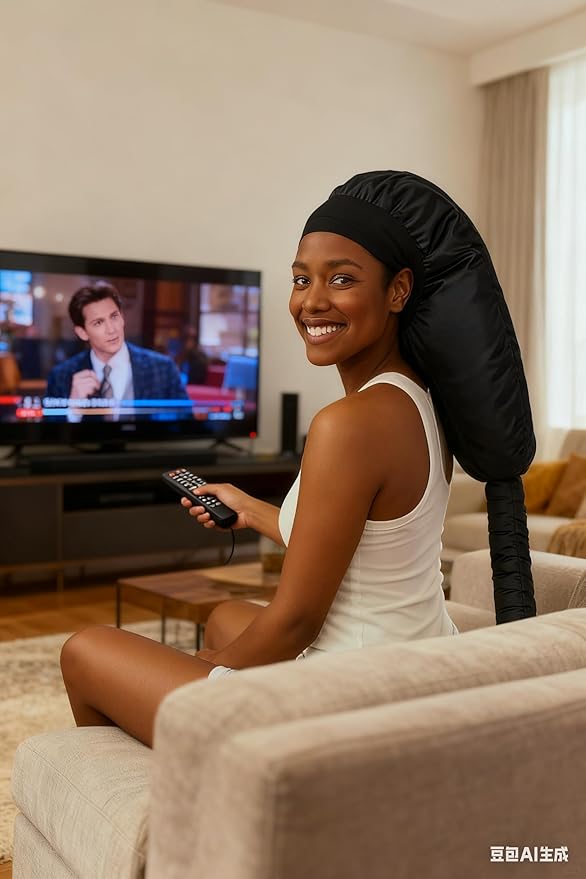 Hooded Hair Dryer for Curly Hair, Large Adjustable Blow Dryer Cap, Portable Hair Dryer Bonnet Attachment, Soft Diffuser for Fast Drying & Deep Conditioning, Headband Integrated Design (Black)