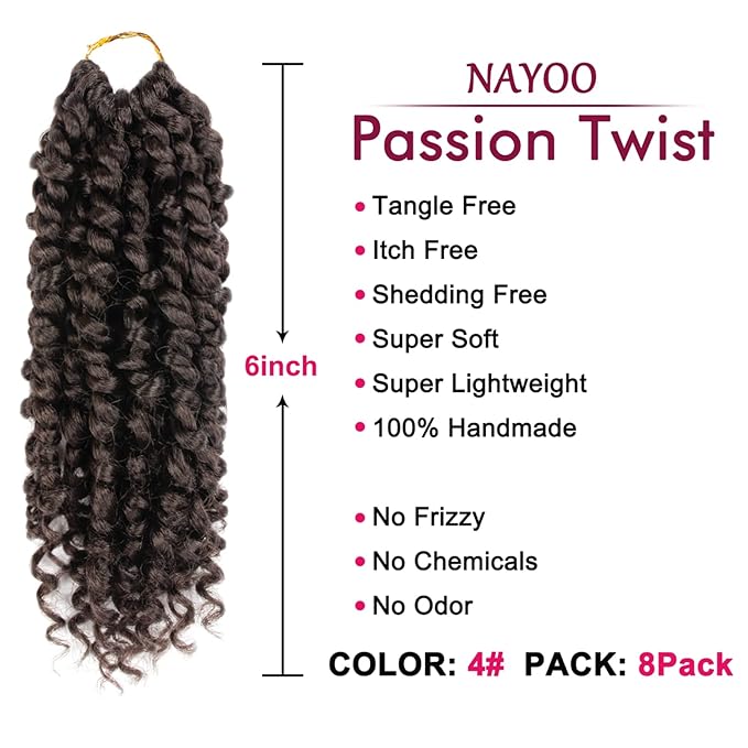 Passion Twist Hair - 8 Packs 6 Inch Passion Twist Crochet Hair For Black Women, Crochet Pretwisted Curly Hair Passion Twists Synthetic Braiding Hair Extensions(6 Inch 8 Packs, #4)