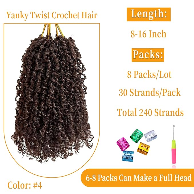 8 Inch Pre-Looped Yanky Twist Crochet Hair, 30 Strands/Pc, Mini Passion Twists, Senegalese Braiding Hair (4#, 8 Pcs/Pack)
