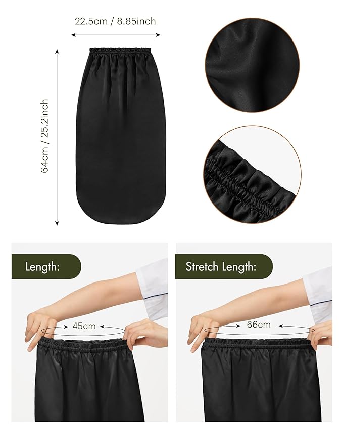 LilySilk Extra Long Silk Bonnet Sleep Cap for Women Soft Adjustable Hair Bonnet for Braids,Curly,Long Hair- Soft Elastic Band, Black