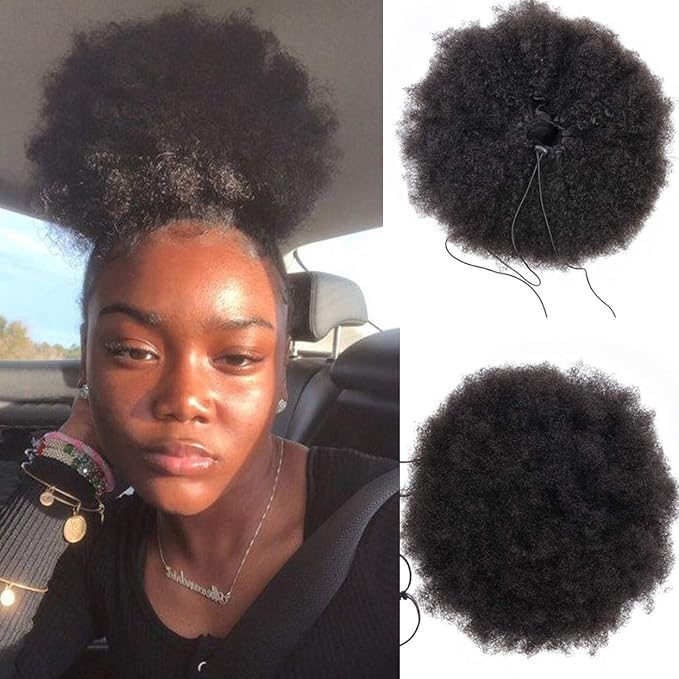 WENYU Afro Puff Drawstring Ponytail Human Hair Bun For Black Women 8A Brazilian Virgin Afro Kinky Curly Clip In Ponytail Extension Human Hair Pieces Natural Color (6 Inch, Drawstring Ponytail)
