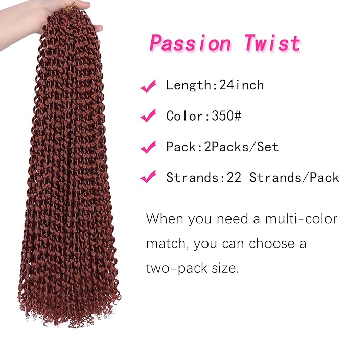 Ubeleco Copper Red Passion Twist Hair, 350# Water Wave Crochet Hair 24 Inch Passion Twist Crochet Hair 22 Strands/Pack Bohemian Synthetic Curly Braiding Hair Extensions (24 Inch (Pack of 2), 350#)