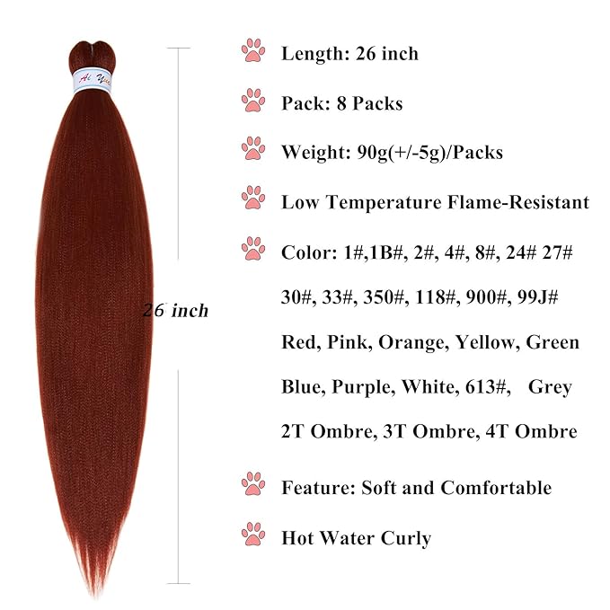 350 Ginger Braiding Hair Pre Stretched Brown Copper Auburn Braiding Hair Extensions for Box Braids Crochet Micro Prestressed Braiding Hair 26 inch 8 Packs