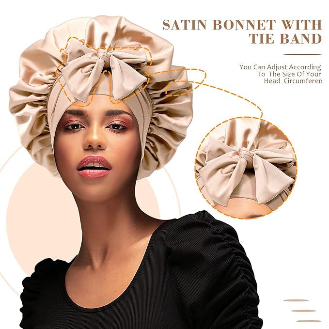 Satin Hair Bonnet Wide Band - Silk Like Sleeping Bonnets for Curly Hair Hair Wrap for Night Cap with Tie Band Breathable Satin Bonnet for Women and Girls (Coffee)