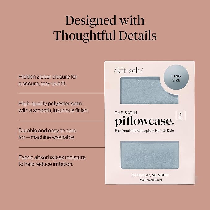 Kitsch Satin Pillowcase, Softer Than Silk Pillow Cases King, Cooling Pillow Covers, Satin Pillowcase with Zipper for Hair, Skin & Quality Sleep, Wrinkle-Free & Smooth, King Size 19"x36", Haze Blue