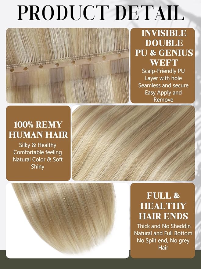 LOXXY Double Layered OVO PU Human Hair Extensions - 16 Inch 100g Butterfly Hand Tied Weft Hair Extensions Human Hair with Holes - Light Brown With Platinum Blonde Highlights, Twin Tabs Weft Width31.5"