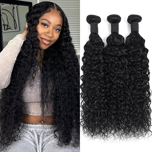 Water Wave Human Hair Bundles 20 22 24 Inch 12A Brazilian Water Wave Curly Bundles Wet And Wavy Bundles Double Weft Deep Curly Wave Bundles Natural Black