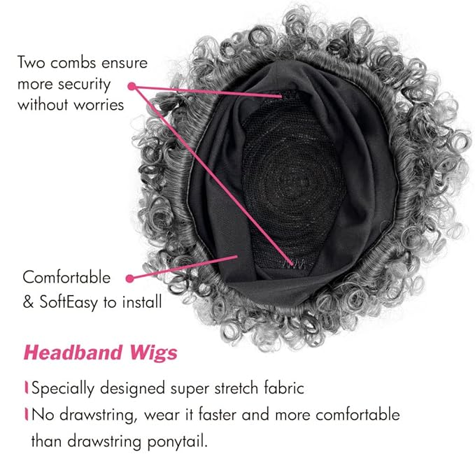Afro Wigs for Black Women Glueless,Short Kinky Curly Wig with headbands attached Synthetic with 2 Clips(Tgray)