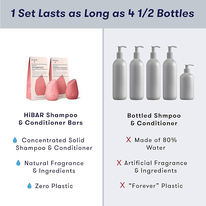 HiBAR - Curl Shampoo & Conditioner Set - For Curly Hair - Define, Cleanse & Nourish - Babassu, Pracaxi Butter & Curl Complex - Plastic, Soap, Paraben & Sulfate-Free - Color Safe & Vegan - 2 Solid Bars