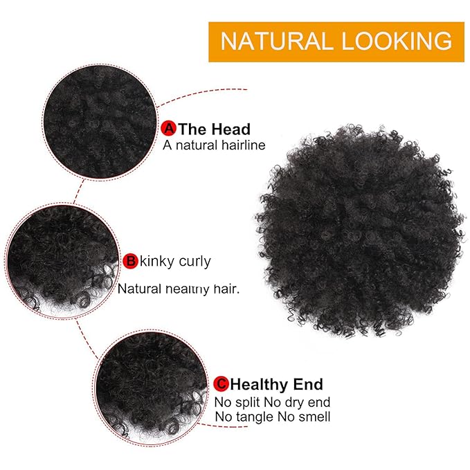 Afro Puff kinky curly Drawstring Ponytail Extension for Women Synthetic Short Afro Kinkys Curly Afro Bun Extension Hairpieces Updo Hair Extensions with Two Clips(1B)