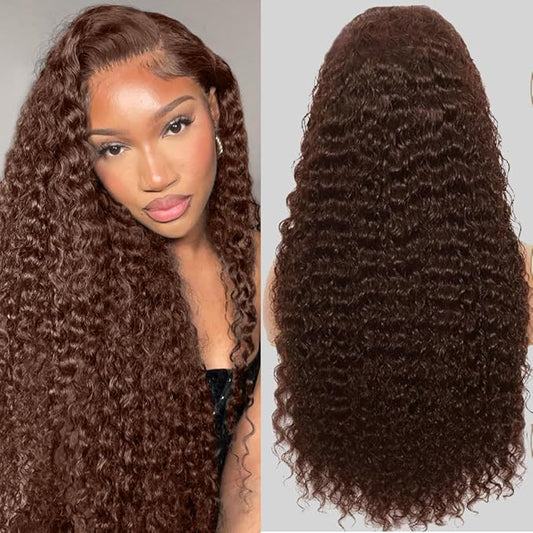 28Inch Chocolate Brown Lace Front Wig Human Hair 200 Density 13x6 HD Deep Wave Lace Front Wigs Human Hair Colored Deep Curly Lace Frontal Wigs Glueless Wig Brown Wig Wigs for Women