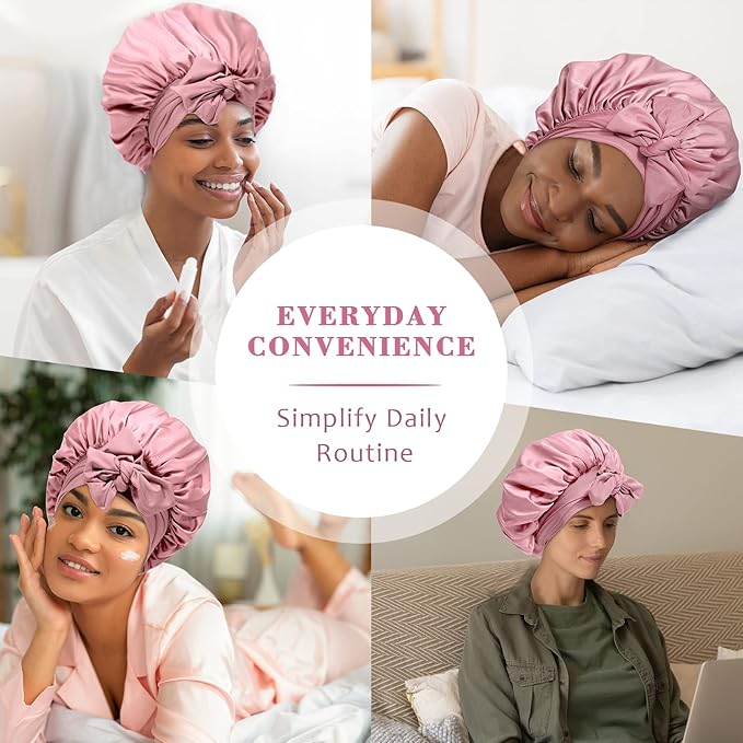 Satin Hair Bonnet Wide Band - Silk Like Sleeping Bonnets for Curly Hair Hair Wrap for Night Cap with Tie Band Breathable Satin Bonnet for Women and Girls (Dust Rose)