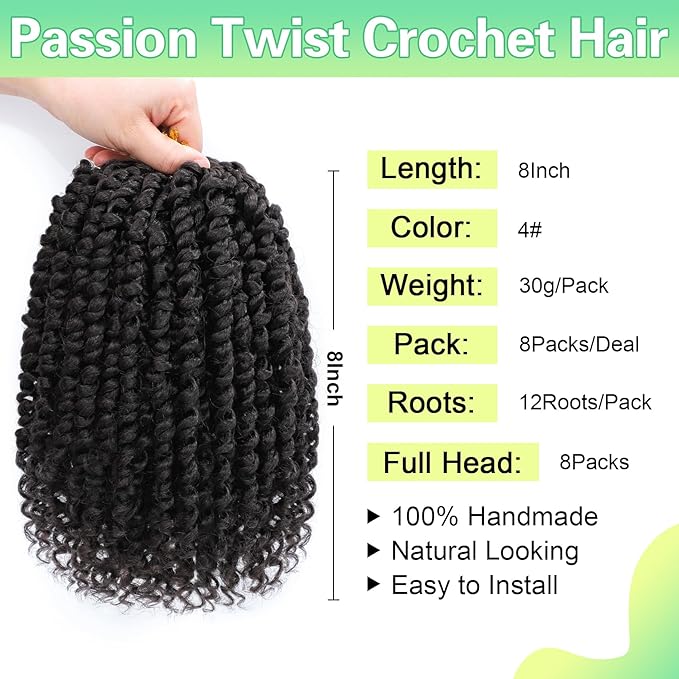 Passion Twist Crochet Hair 8Inch Passion Twist Hair 8 Packs Pre-Twisted Passion Twist Crochet Hair for Black Women Soft Passion Twist Curly Crochet Hair…