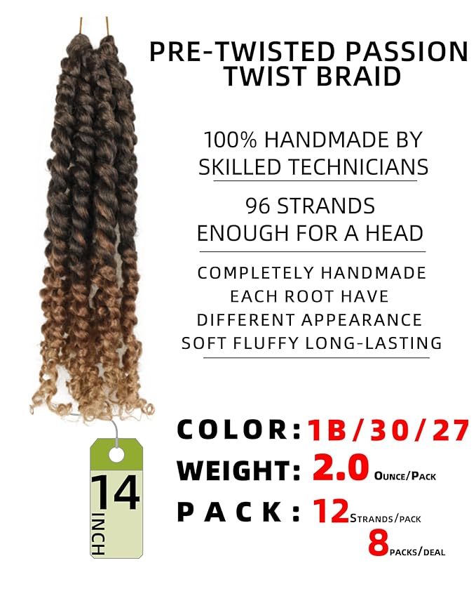 14 Inches 8 Packs Passion Twist Crochet Hair for Black Women and Kids-3 Tones Ombre Black to Brown Blonde, Pre Looped Pretwisted Crochet Hair,Soft Lightweight Hair Extension (14"-8 Packs,T1B/30/27)