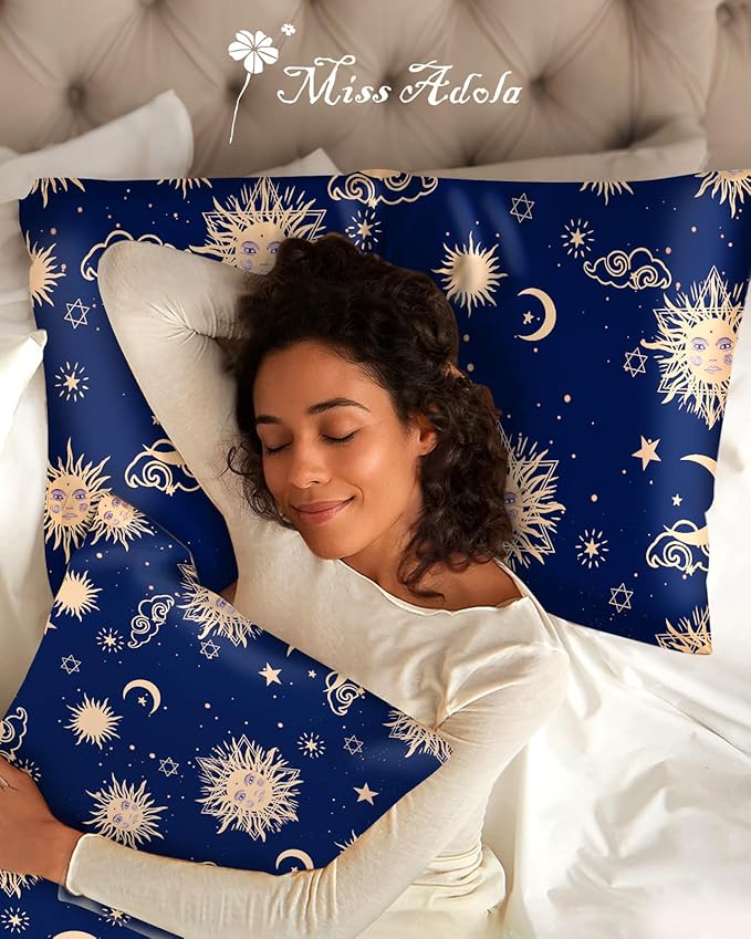 Silk Pillowcase 2 Pack - Cute Pillow Cases 20" x 26" Standard Size Set of 2 for Hair and Skin Smooth Soft Breathable with Hidden Zipper Cooling Pillow Covers for Sleeping, Sun Moon Sign