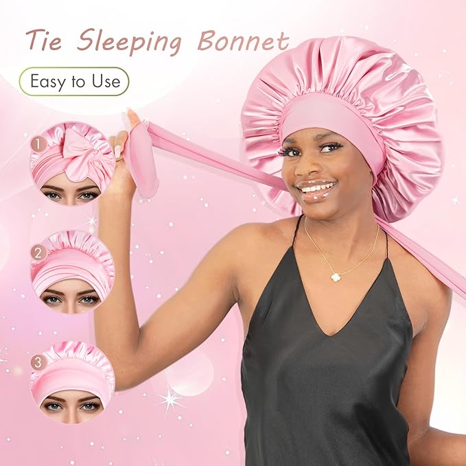 BONNET QUEEN Silk Bonnet for Sleeping Women Big Satin Bonnet Night Sleep Cap Wrap for Curly Hai rwith Adjustable Tie Band, Single Layer, Large, Pink