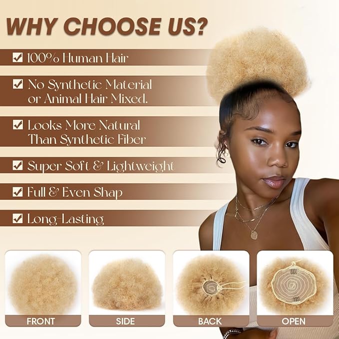 Afro Puff Drawstring Ponytail for Black Women 100% Human Hair #613 Bleach Blonde Kinky Curly Durable Natural Soft and Smooth Drawstring Ponytail For Women