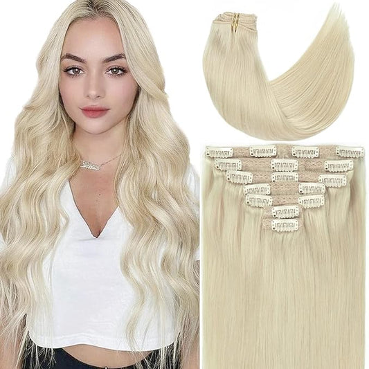 Caliee 16Inch Hair Extensions Human Hair Color 60A Platinum Blonde Silky Straight Clip in Extensions Invisible Double Weft for Women Full Head Seamless Hair Extensions 120G