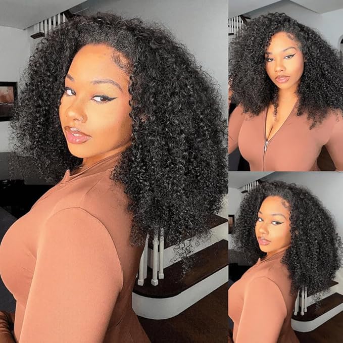 Kinky Curly Half Wig Human Hair 200% Density Wear Go Glueless Wigs Human Hair for Black Women Curly Human Hair Wig 22 Inch Afro Curly Seamless Flip Wig Invisible Hairline Beginner Friendly