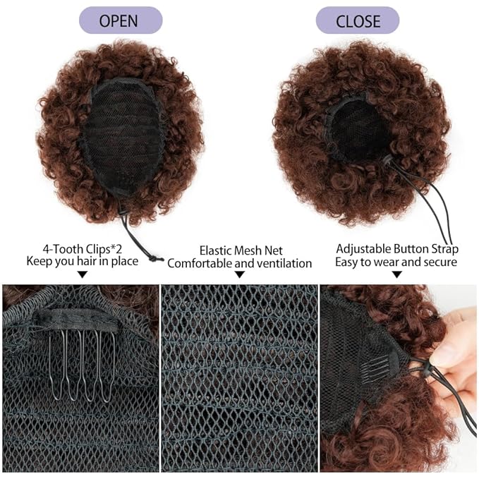 YEAME Afro Puff Drawstring Ponytail for Black Women, Short Kinky Curly Afro Ponytail Synthetic Hair Puffs, Premium Auburn Brown Afro Bun Drawstring Ponytail for Women Girls (33 Auburn Brown)