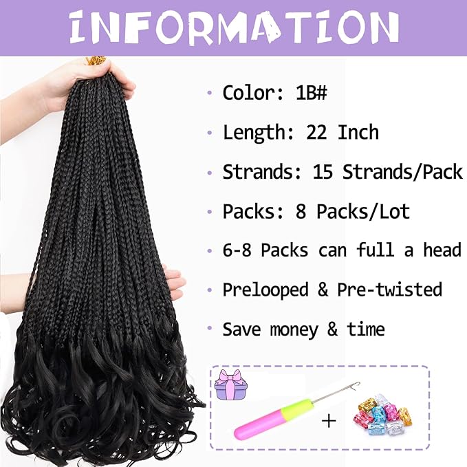 French Curl Crochet Braids 22 Inch Goddess Box Braids Crochet Hair for Women 8 Packs Pre Looped Crochet Box Braid with Curly Ends Synthetic French Curly Braiding Hair Extensions (1B#)